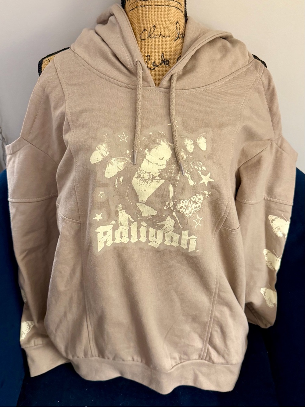 Aaliyah Beige/Pinkish Graphic Cold-Shoulder Hoodie Sweatshirt